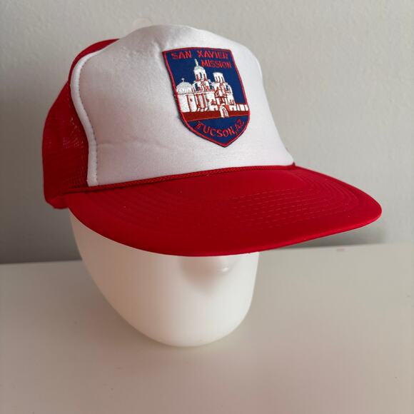 Vtg 80s SAN XAVIER MISSION Trucker Hat Red White Mesh Cap NOS Tucson AZ Church - Picture 9 of 9